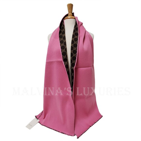 GUCCI SCARF REVERSIBLE PINK GG MONOGRAM LOGO WOOL SILK 71" - Picture 7 of 16